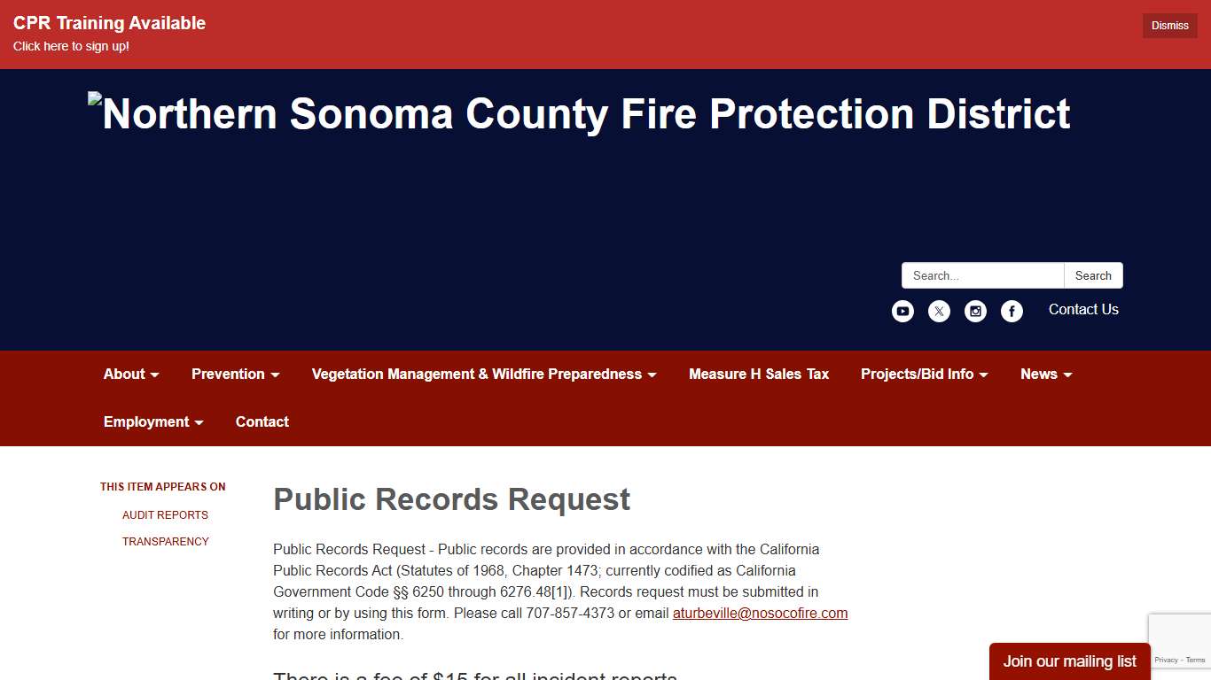 Public Records Request  - Northern Sonoma County Fire Protection District