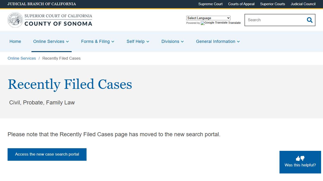 Recently Filed Cases Superior Court of California County of Sonoma